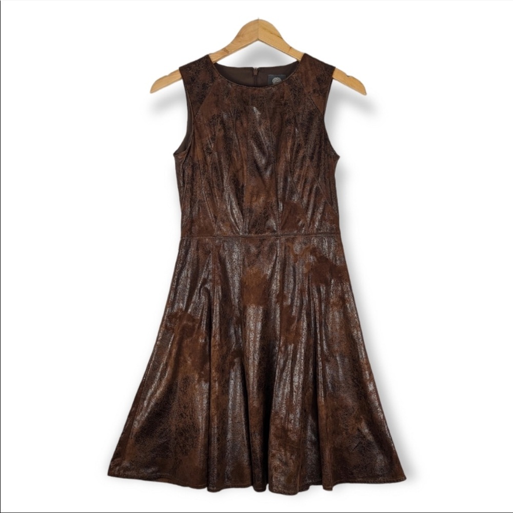 VINCE CAMUTO Faux Leather Sleeveless Fit Flare Dress in Brown: Women's 2